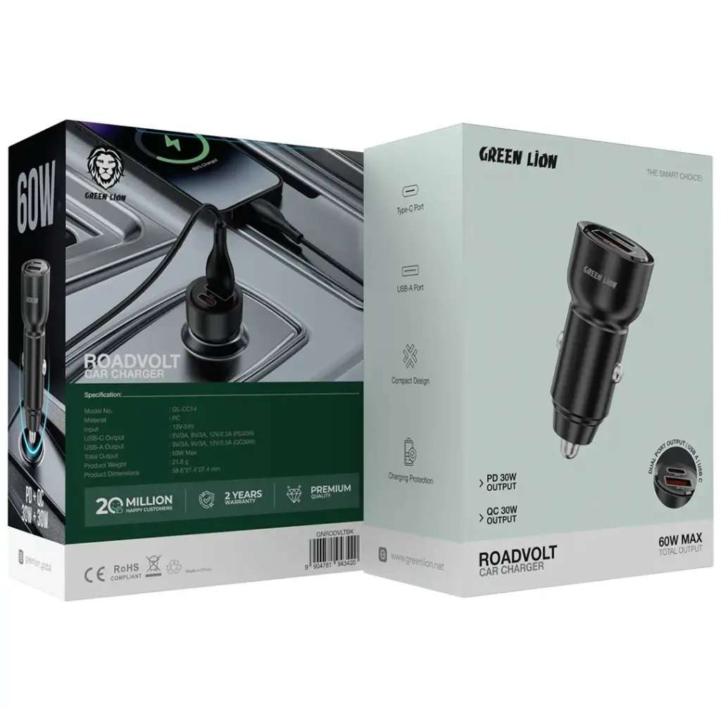 Green Lion RoadVolt Car Charger PD+QC 60W - Linkphones Center
